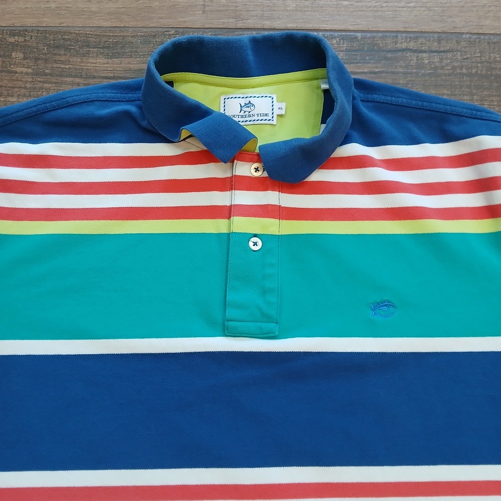 Southern Tide Polo Mens Extra Large Blue Colorblock Striped Colorful Cotton